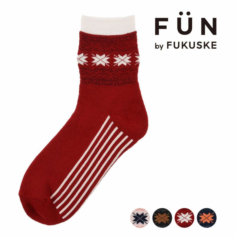 靴下 クルー丈 レディース fukuske FUN あったか 雪柄 つま先かかと