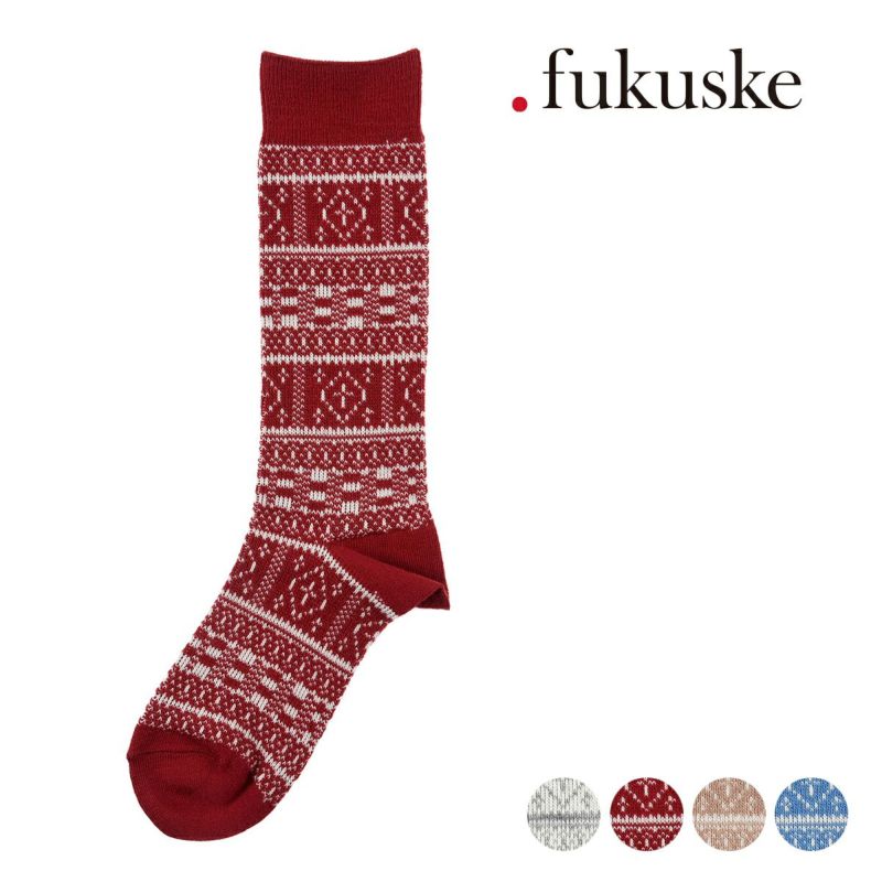 fukuske : ノルディック柄 2トーンカラー クルー丈 靴下 毛混