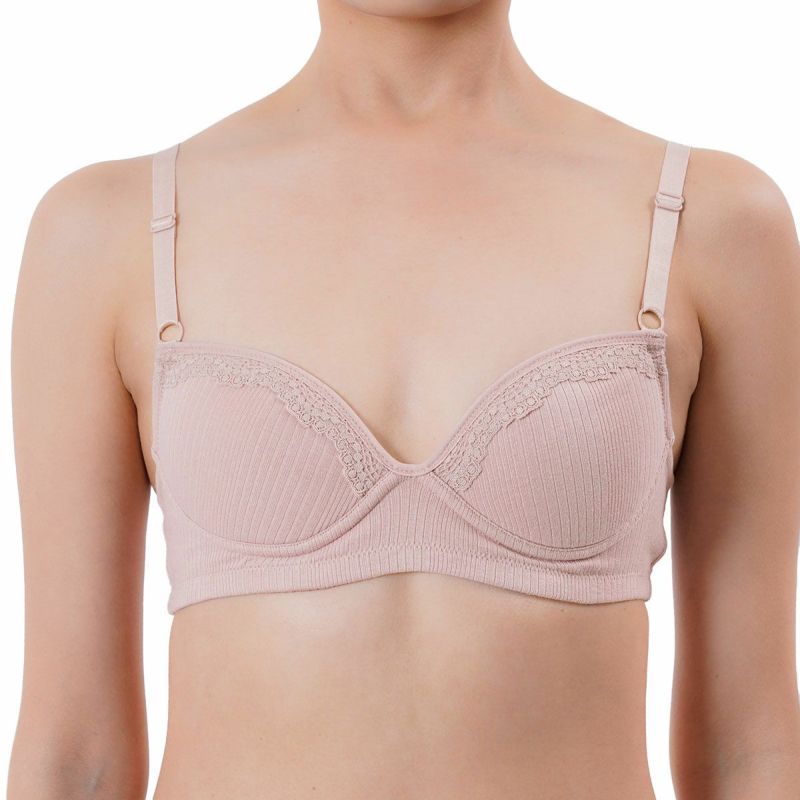 ブラジャー無地一部レースリブ