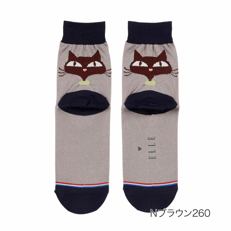 【ELLE(エル)】靴下ラメネコ柄クルー丈足底転写(3102-206)