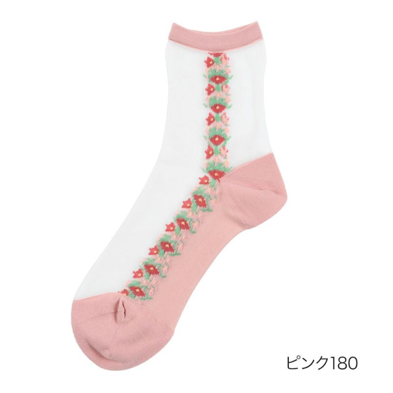 【ハナエモリ】靴下シアーサイド花柄クルー丈(3103-234)