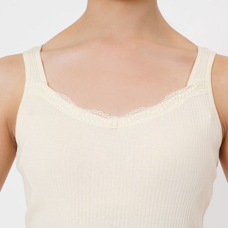【kihada(キハダ)】カップ付きタンクトップ無地一部レースリブ袖なし(75-3046)