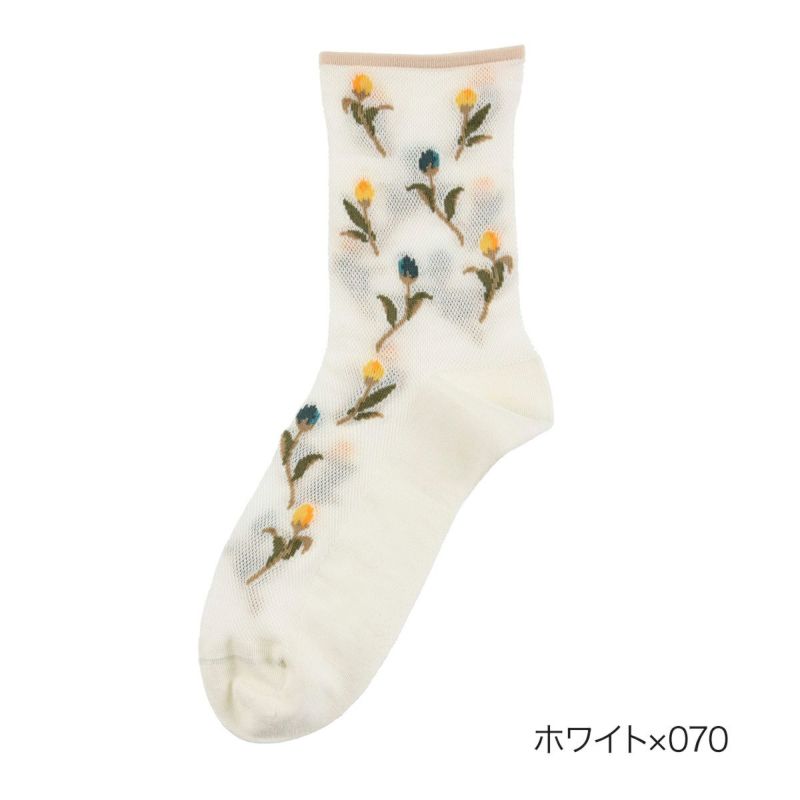 【満足】靴下冷感チューリップ柄クルー丈レーヨンシルク(3145-44N)